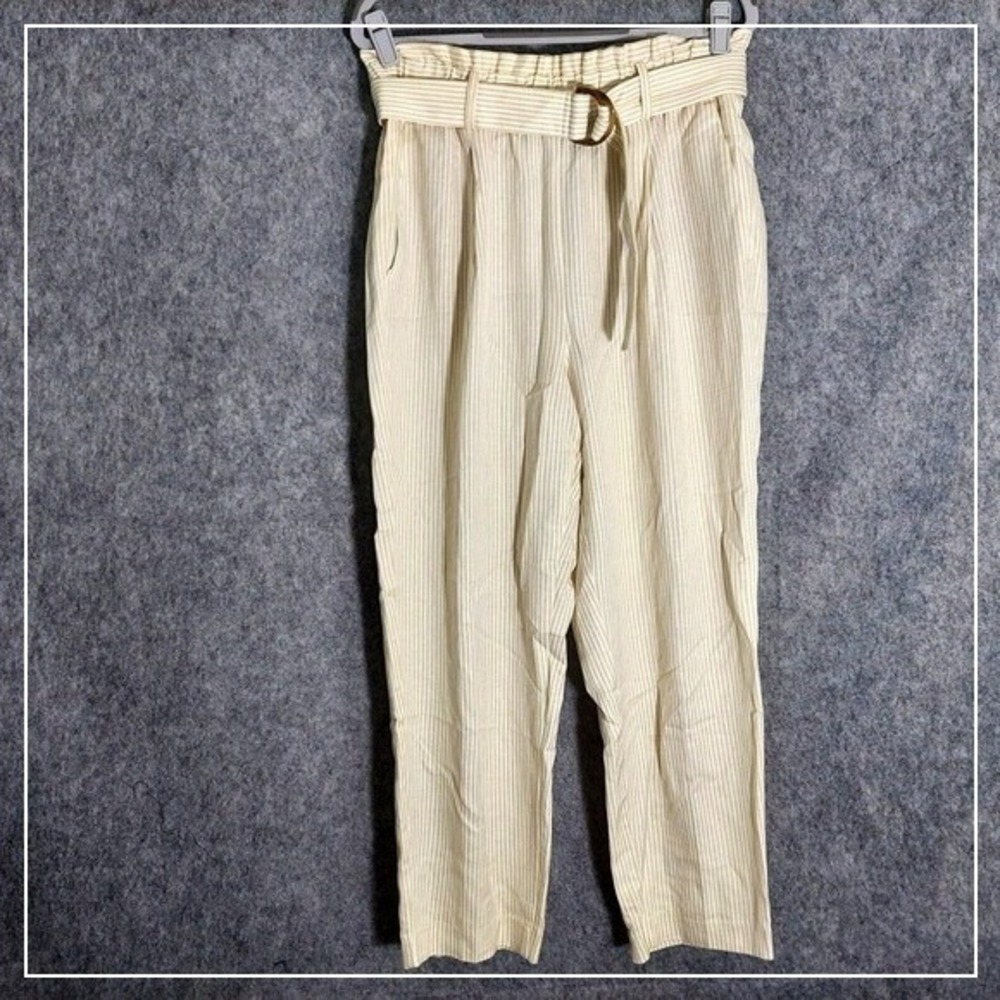 Ann Taylor Pants M Coastal Linen Paperbag Belted Striped Straight Leg Preppy